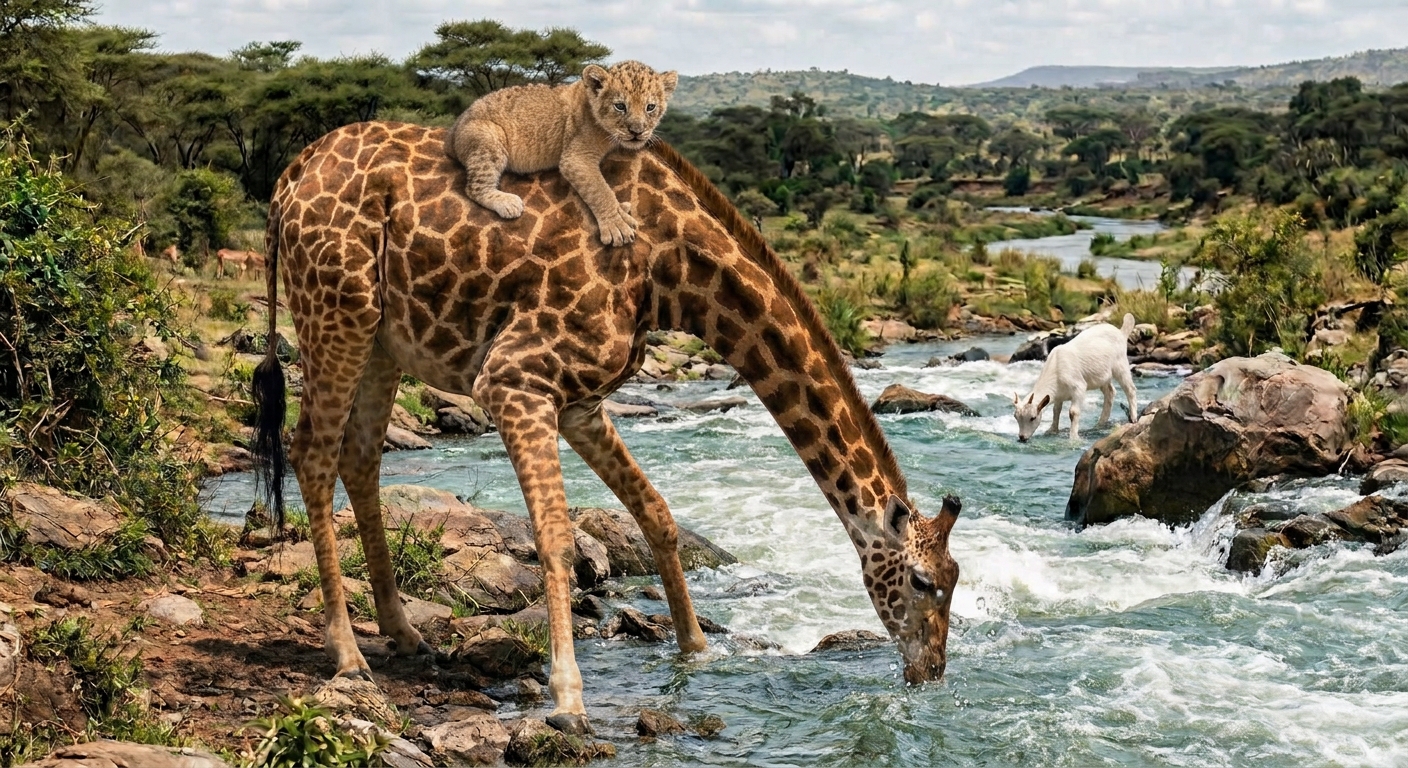Happy Lion Cub and Giraffe